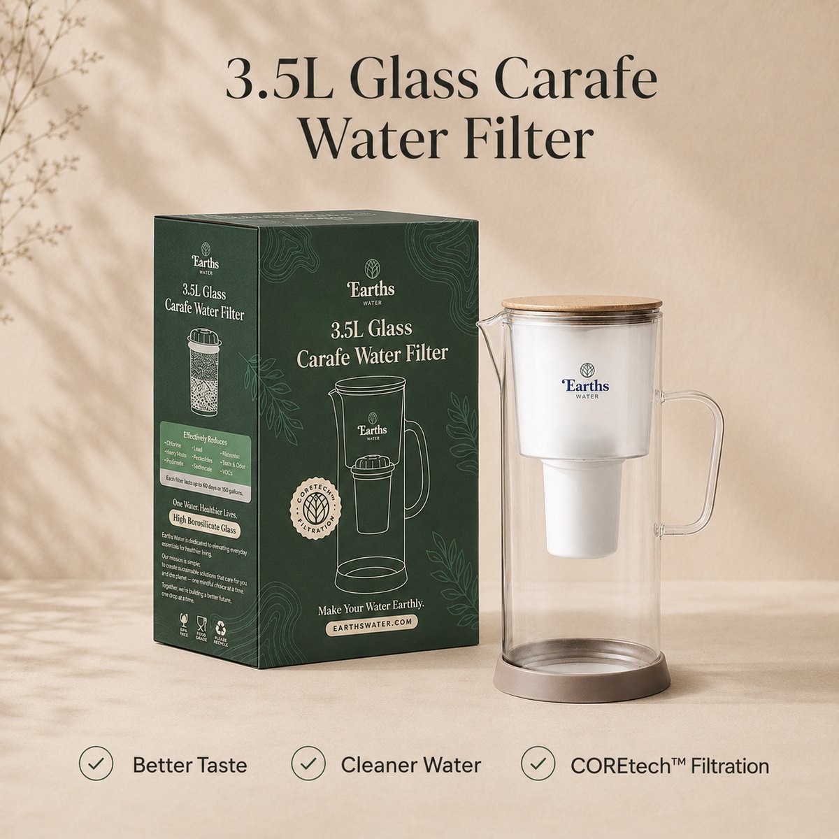 3.5L Glass Water Filter Jug Carafe - Natural