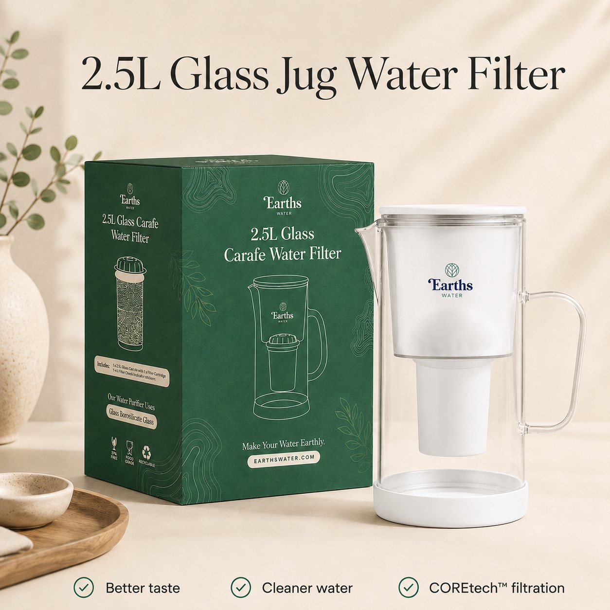 2.5L Glass Water Filter Jug Carafe - White