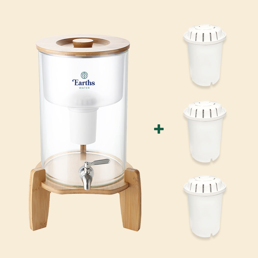 9L Glass Benchtop Alkaline Water Filter - Natural Bamboo + 3 Replacement Filters [BUNDLE]