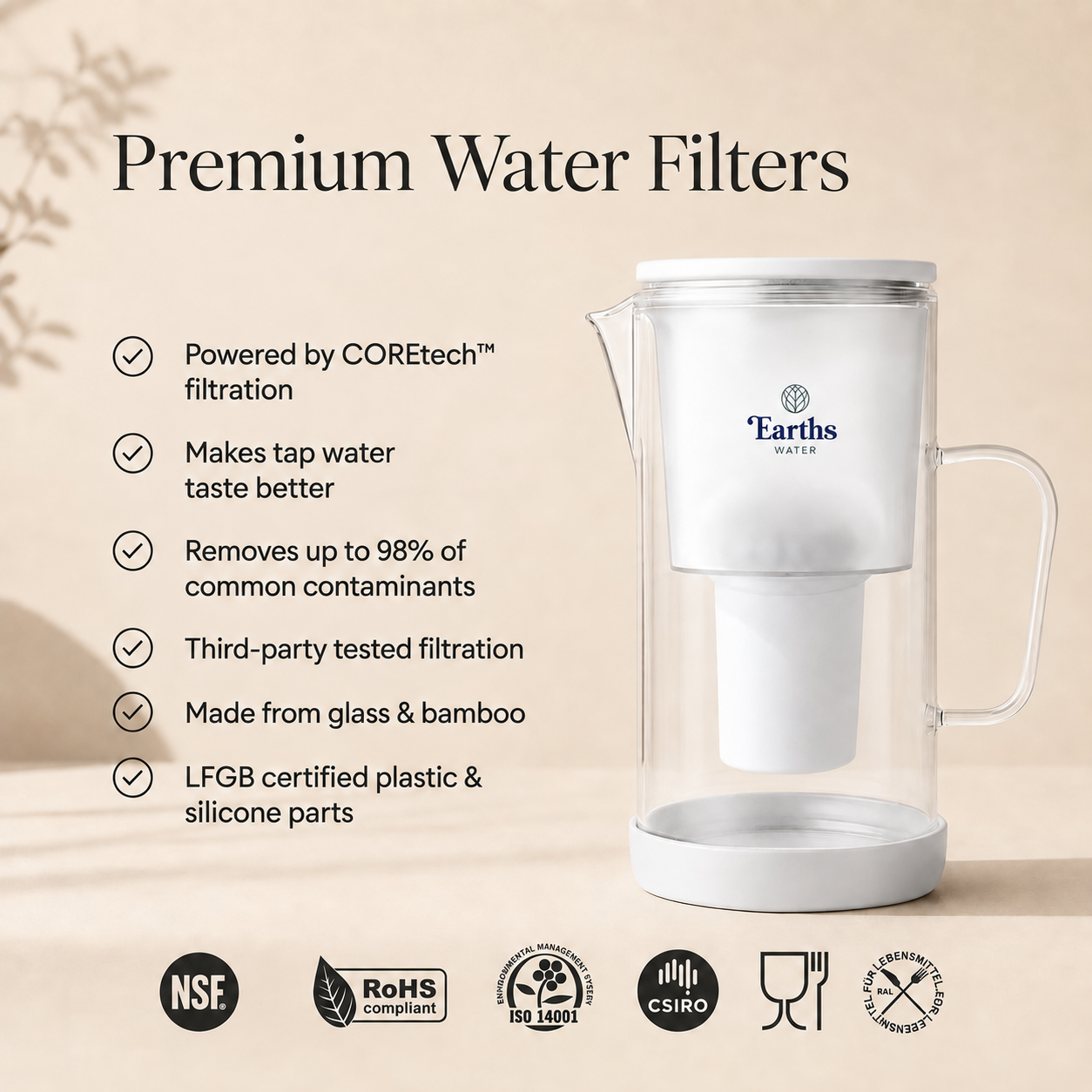 2.5L Glass Water Filter Jug Carafe - White