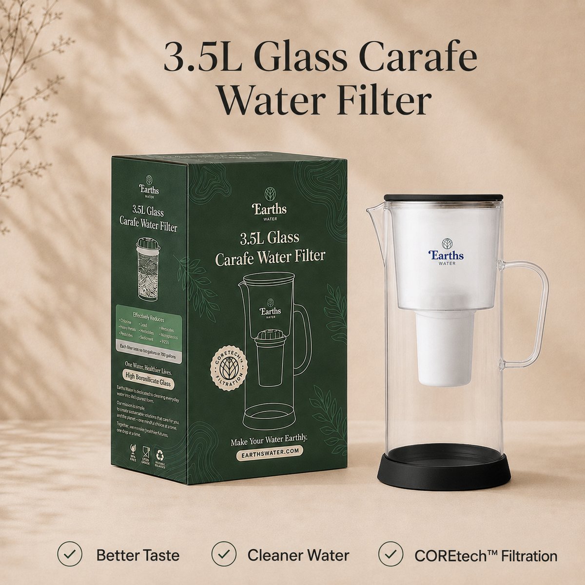 3.5L Glass Water Filter Jug Carafe - Black