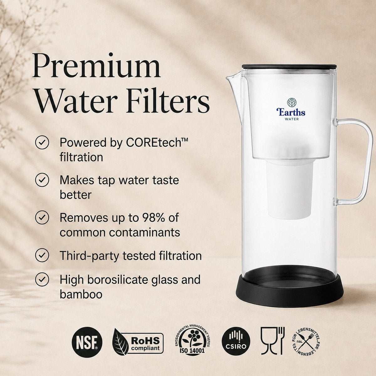3.5L Glass Water Filter Jug Carafe - Black