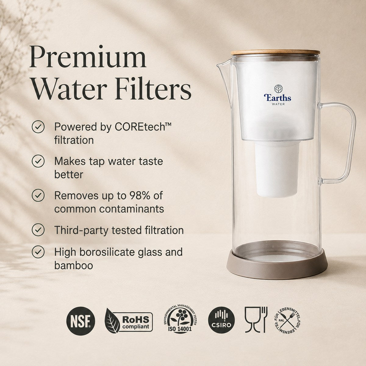 3.5L Glass Water Filter Jug Carafe - Natural